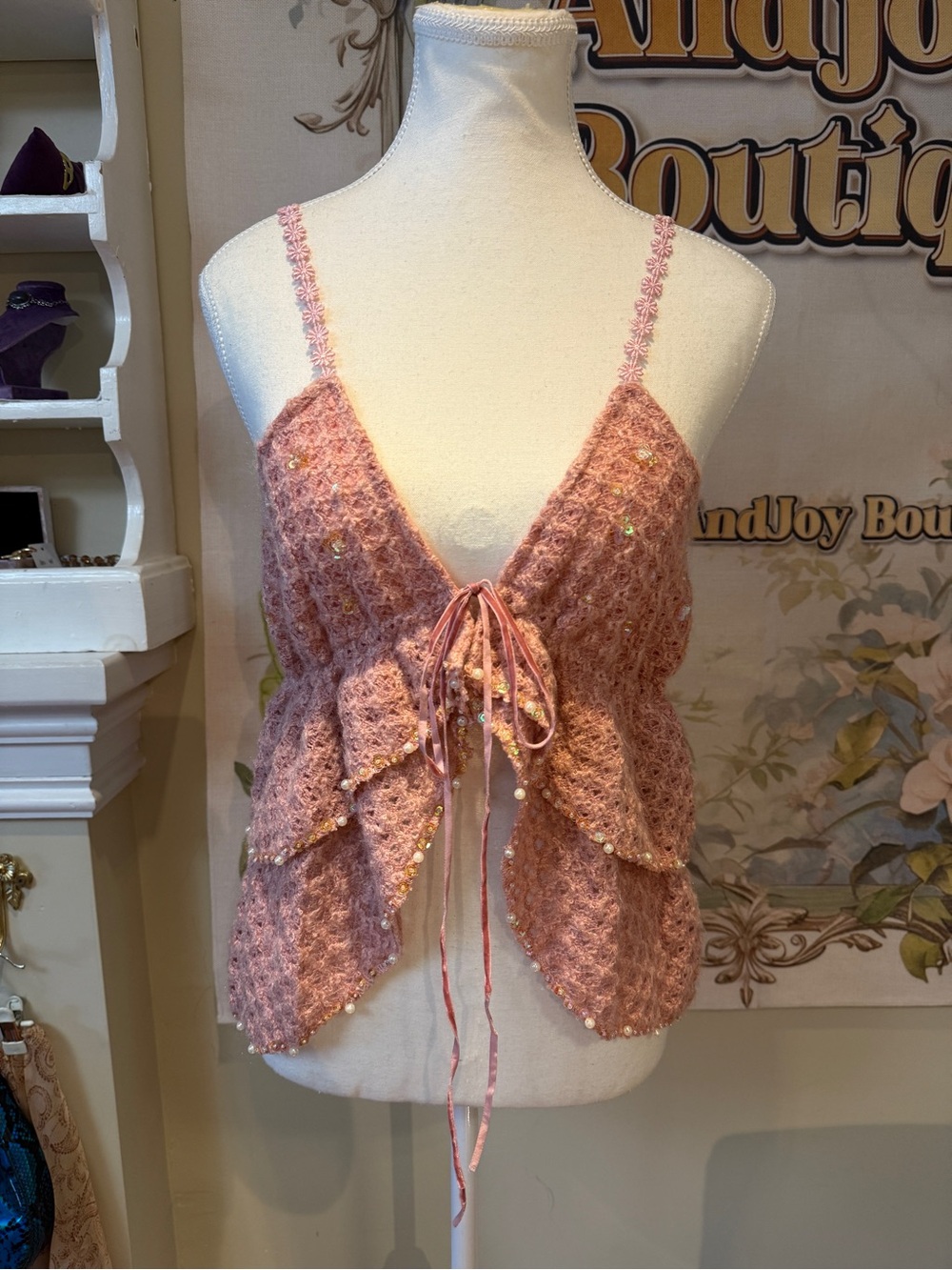 Boho Knit Sequin Tie-Front Cami Top - Pink